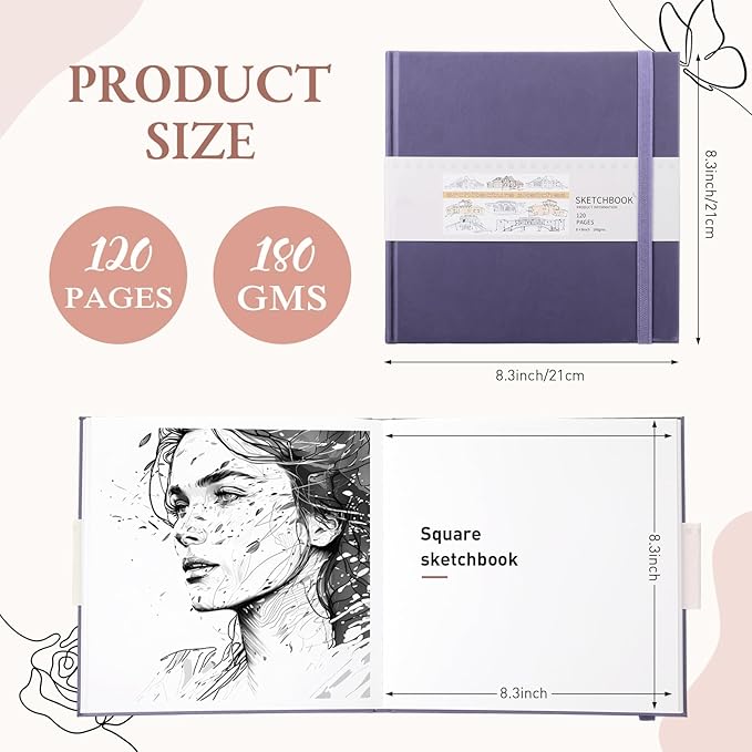 Moinchore Back to School Gifts Square Sketchbook 8 x 8 Inch Hardcover Art Sketch Book Drawing Papers 120 Pages, Mixed Media Journal Notebook with Elastic Closure Sketchbook for Drawing(Purple)