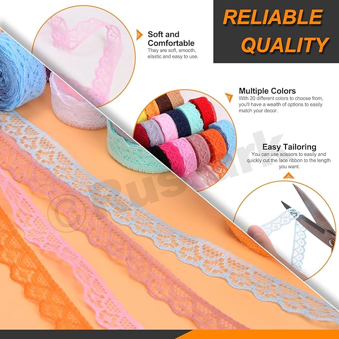 20Pcs 0.6Inch/1.5CM Colorful Lace Ribbon Floral Lace Ribbon Trim Fabric Sewing Vintage Trims Laces for Craft Sewing Making Gift Wrapping Wedding Decorations