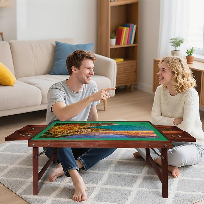 1500 Piece Puzzle Table with Legs, 35" x 26" Wooden Jigsaw Puzzle Board with Drawers, Cover & Felt, Portable Puzzle Table with Folding Legs for Adults and Teens, Christmas Birthday Gift