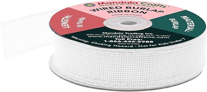 Mandala Crafts White Burlap Wired Ribbon 1 Inches Wide Jute Ribbons for Crafts - 10 Yds Roll Rustic Burlap Wrap Trim Ribbons for Wreaths Bows Party Decoration