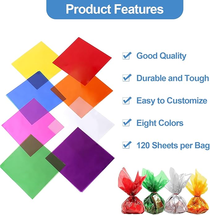 120 Pcs Colored Cellophane Sheets, Cellophane Wrap Paper Color Cello Sheets for Crafts(7.5x7.5 Inches)
