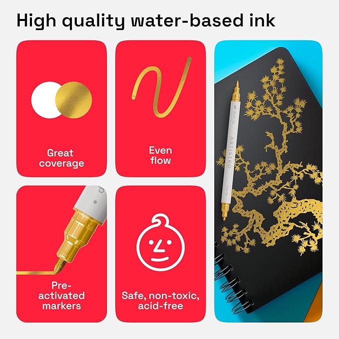 ARTISTRO 2 Gold Dual-Tip Acrylic Paint Pens - Multisurface Metallic Markers for Glass, Rock, Fabric, Wood, Plastic & More - 1 mm Fine & Brush Tips