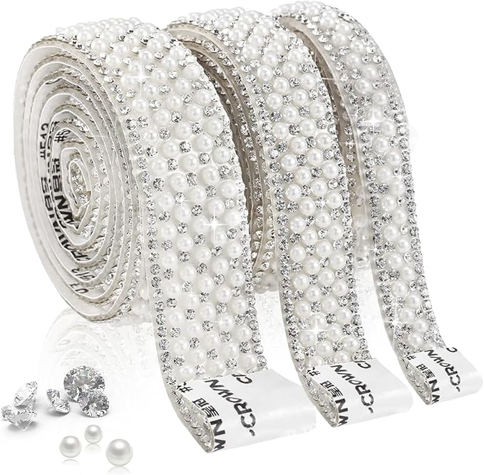 3 Rolls Pearl and Rhinestone Ribbon Self Adhesive,Pearls for Crafting,Bling Crystal Tape with Pearl Trim,DIY Rhinestone Stickers for Wedding, Party,Phone,Shoes,Crafts Decoration