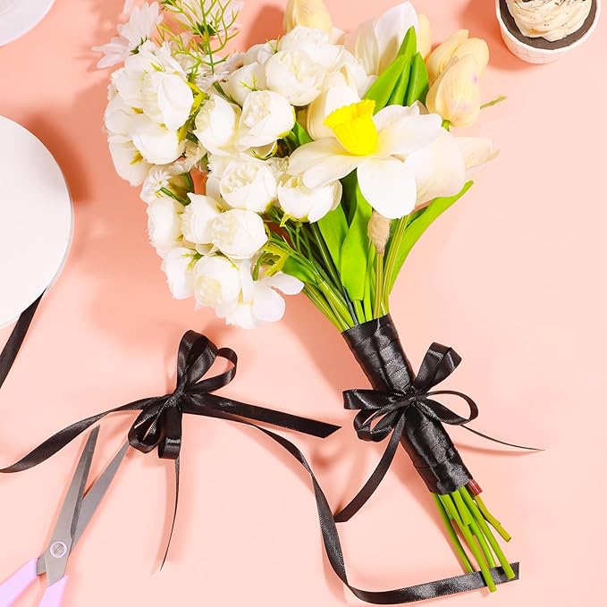 Black Ribbon 3/8 Inch 120 Yards Thin Black Satin Ribbon Craft Fabric Ribbons for Halloween Decor Cake Bows Making Hair Gift Wrapping Floral Bouquet Party Christmas Decorations