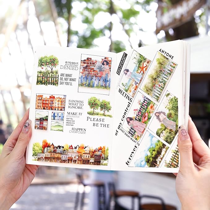 80 Sheet Nature PET & Washi Sticker Book Set, Pre-Cut Landscape Stickers for Scrapbooking, Journaling, and DIY Crafts