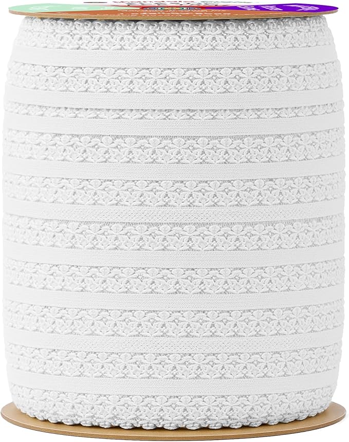 Mandala Crafts White Stretch Lace Soft Elastic Trim Roll, 55 Yards 1 Inch Wide Stretchy Frilly Picot Ribbon for Sewing Lingerie, Headbands, Underwear, and Crafts