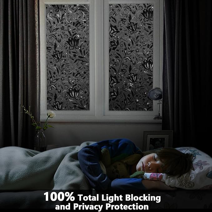 LEMON CLOUD Total Blackout Window Film Privacy Static Cling Frosted Black Window Covering 100% Opaque Film Tint Darkening Removable Film for High Privacy，(Blackout Tulip Design,17.5 x157.4 inches)