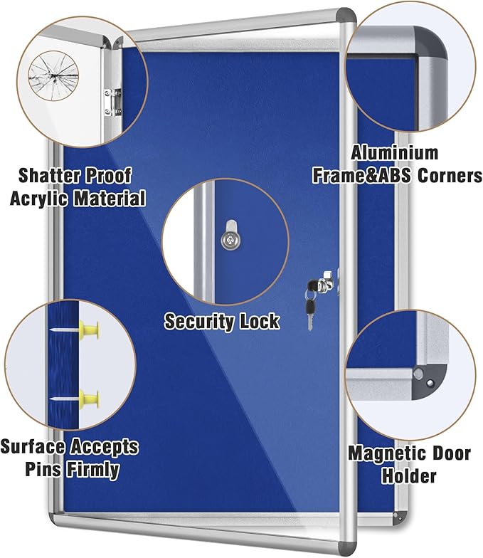 38"x28" Enclosed Bulletin Board, Lockable Weather-Resistant Aluminum Cork Noticeboard for School & Office, Silver Frame w/Blue Flet