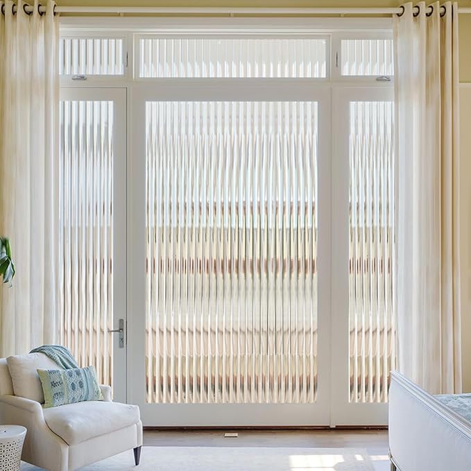 Window Privacy Film, Frosted Reeded Glass Cling, 3D Decorative Coverings with UV Blocking, Adhesive Stickers for Bathroom Doors Cabinet