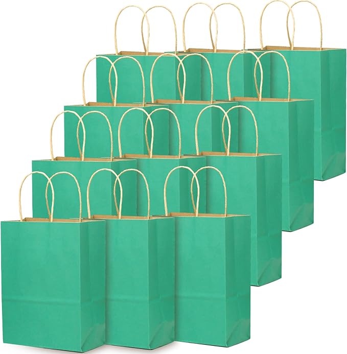 qiqee 60 pcs Kraft Bags with Handles 7.6"x4.75"x10.5" Medium Gift Paper Bag Mint Green Solid Color Bags