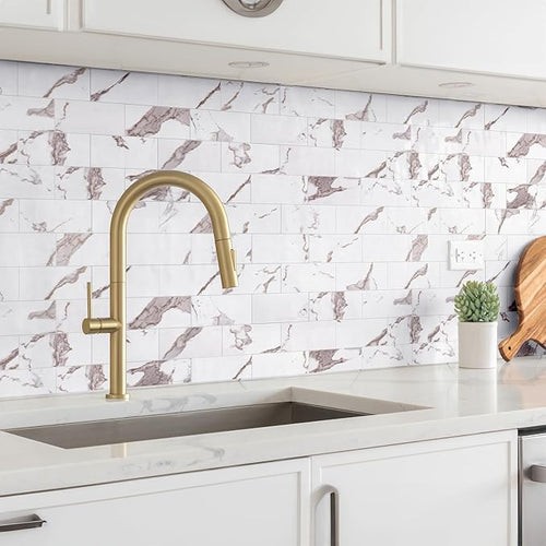 100 Pieces Peel and Stick Backsplash for Kitchen, 3" x 6" PVC Subway Tile 2026 Upgraded White Marble with Gold Accent Backsplash Stick on Tile Elevate Kitchen Fireplace RV