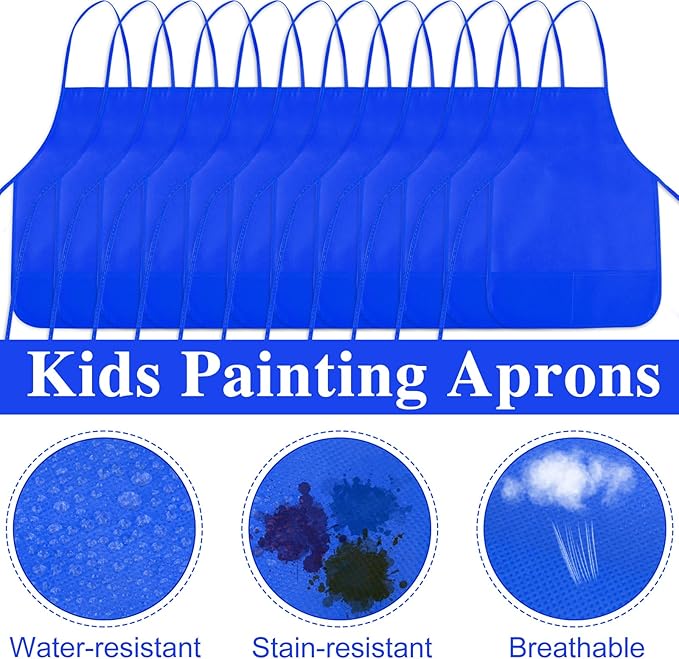24 Pieces Blue Kids Painting Aprons Kids Art Aprons with 2 Roomy Pockets Kids Aprons for Art Painting Activity Kitchen Crafts
