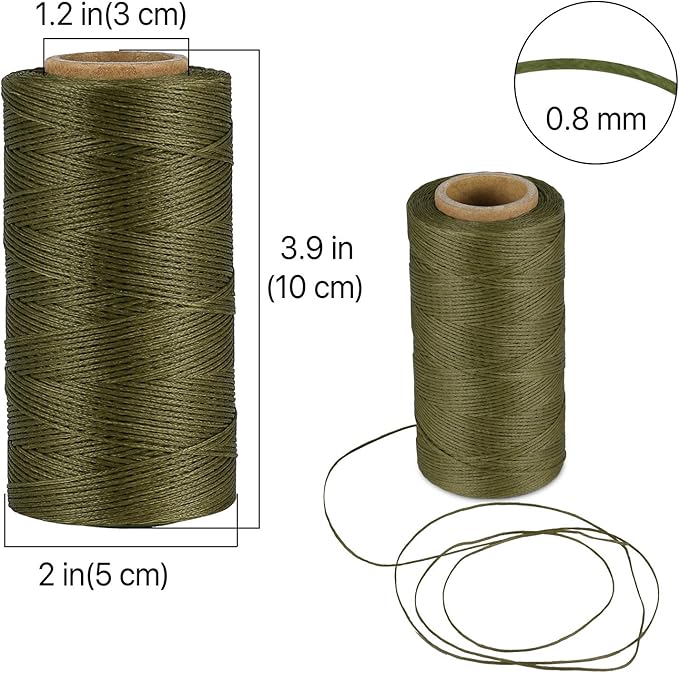 Flexzion Waxed Thread - 284 Yards (260 Meters) 0.8mm 150D Polyester Wax Thread for Leather Sewing, Bookbinding, Stitching, Repairing, Beading, & DIY Projects (Army Green)