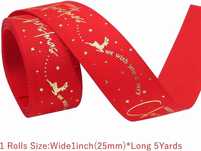 Christmas Gift Wrapping Ribbon, Red, Green, 2 Rolls Printed Grosgrain Ribbons for Crafts, Floral Bouquets, Sewing, Party and Festive Holiday Decor (2 Rolls(Color Blocking/Red), 1 Rolls=1in * 5Yards)