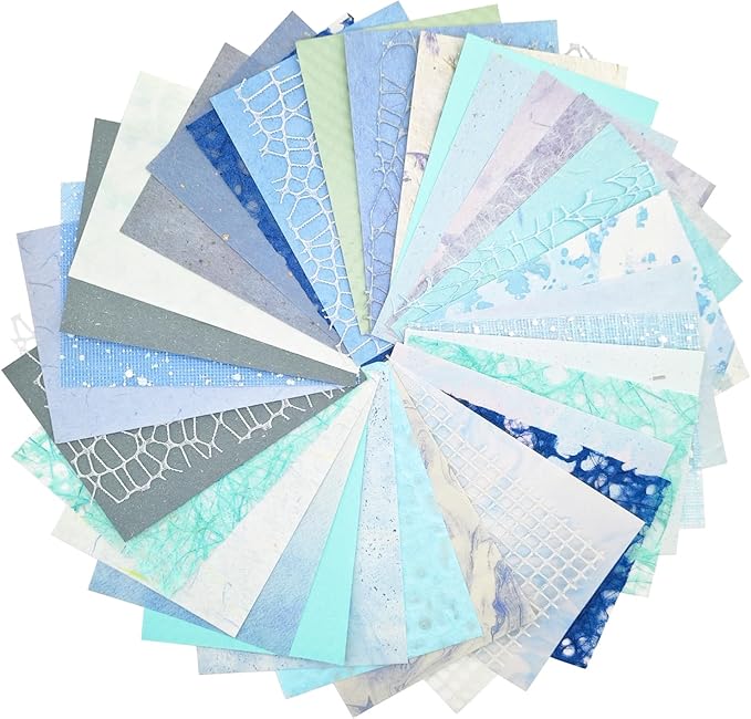 42 Sheets Textured Scrapbook Paper and Mesh Fabric Assorted Set, Junk Journal Supplies Assorted Set, Special Paper for Scrapbooking Materials Card Embellishments 3.9x5.5 Inch (Blue)