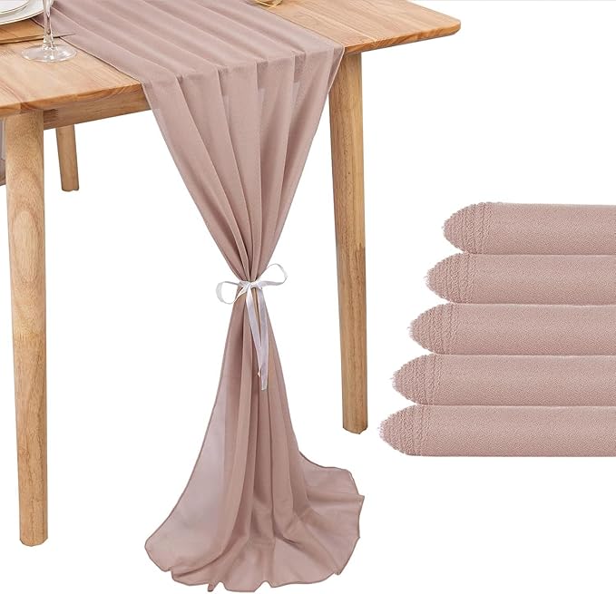 5 Packs Champagne Chiffon Table Runner 30 x 120 Inches Sheer Table Runner 10ft Romantic Chiffon Table Runner for Wedding Decor Birthday Party Bridal Baby Shower Decoration