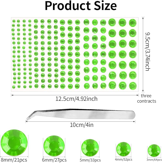 Self Adhesive Face Gems and Pearls for Makeup, Festival Jewels, Hair Gems Pearls, 3/4/5/6/8 mm Round Rhinestone Stickers for Face, Eye, Makeup, Body, Crafts 591Pcs (09_Light Green)