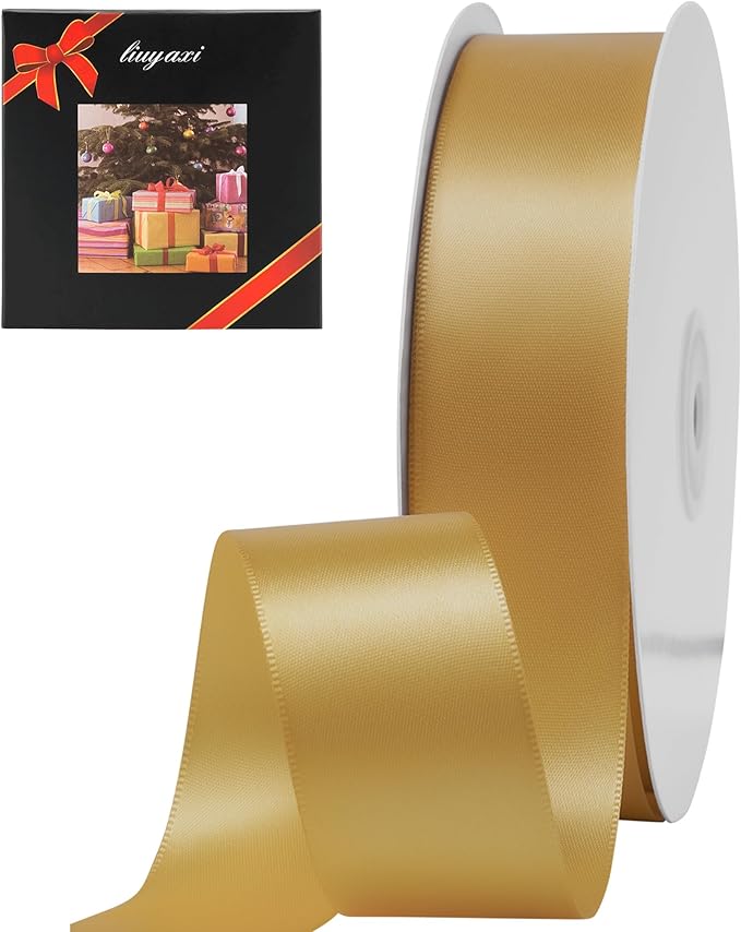 LIUYAXI Old Gold Double Faced Satin Ribbon, 1-1/2" X Continuous 50 Yards, Ribbons Perfect for Gift Wrapping Wedding DIY Craft Bow Making & Other Projects