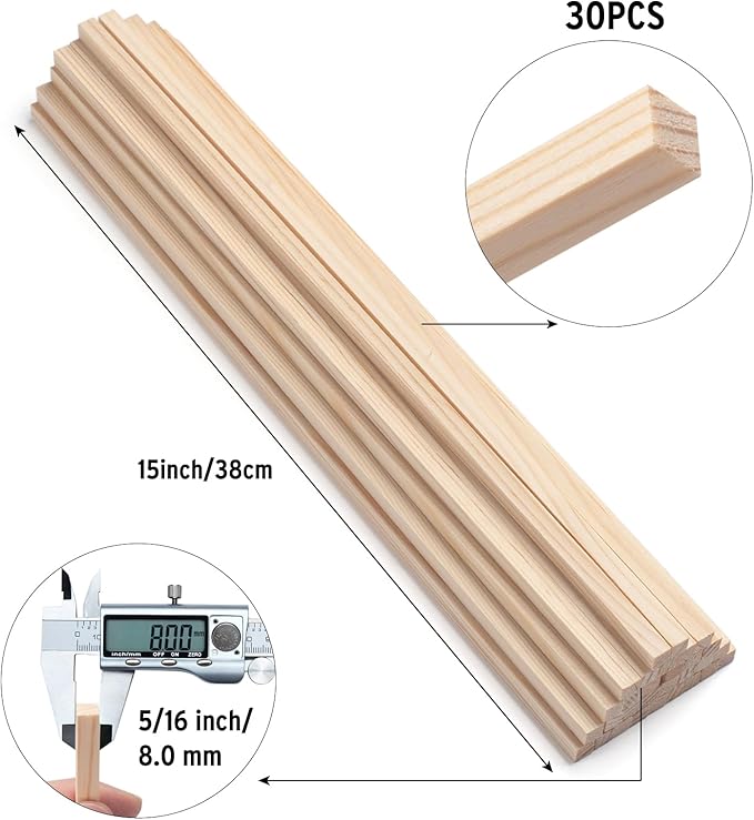 Square Wooden Dowels, Wood Dowel Rods 5/16" x 15", 30 PCS Square Wooden Sticks for Crafts, Wood Strips for Crafting, Unfinished Hardwood Sticks for Woodworking, Model Making, Home Decor