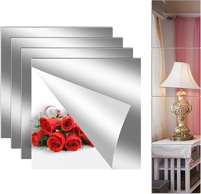 4PCS Self Adhesive Acrylic Mirror Tiles, Flexible Mirror Sheets Wall Stickers, Frameless Non-Glass Mirror Stickers Reflective Mirror for DIY Craft, Home Wall Decor (8 * 8 Inches, 2MM Thick)