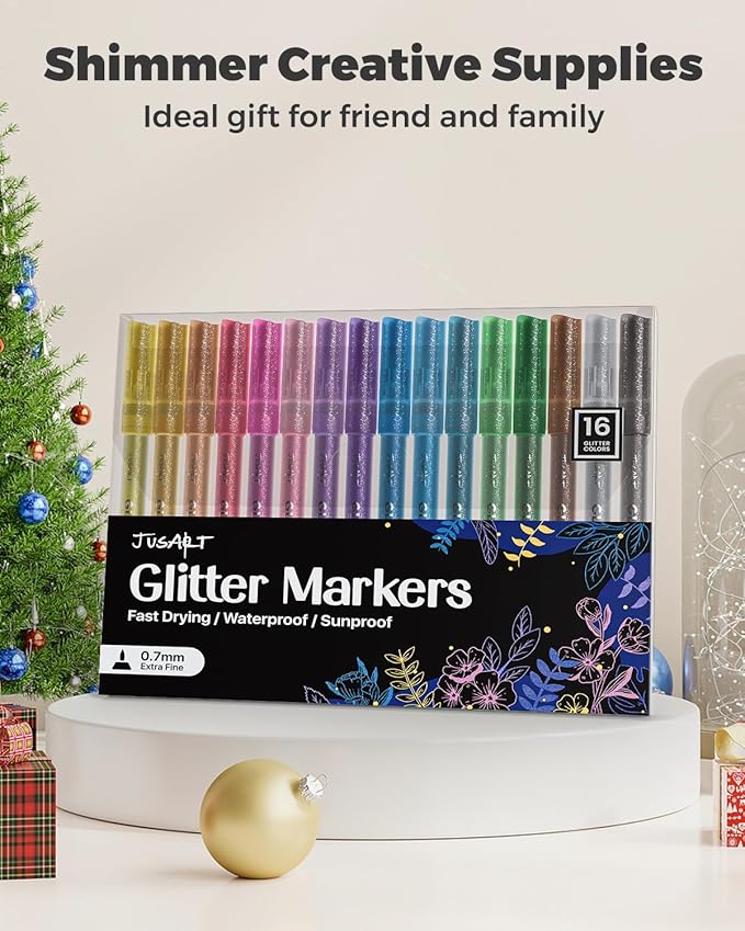 16 Colors Acrylic Glitter Markers Pen, Glitter Paint Pens, 0.7mm Fine Point Tip Metallic Shimmer Marker, Kids Adults DIY Crafts Making, Greeting Birthday Cards Present, Drawing, Scrapbooking Supplies