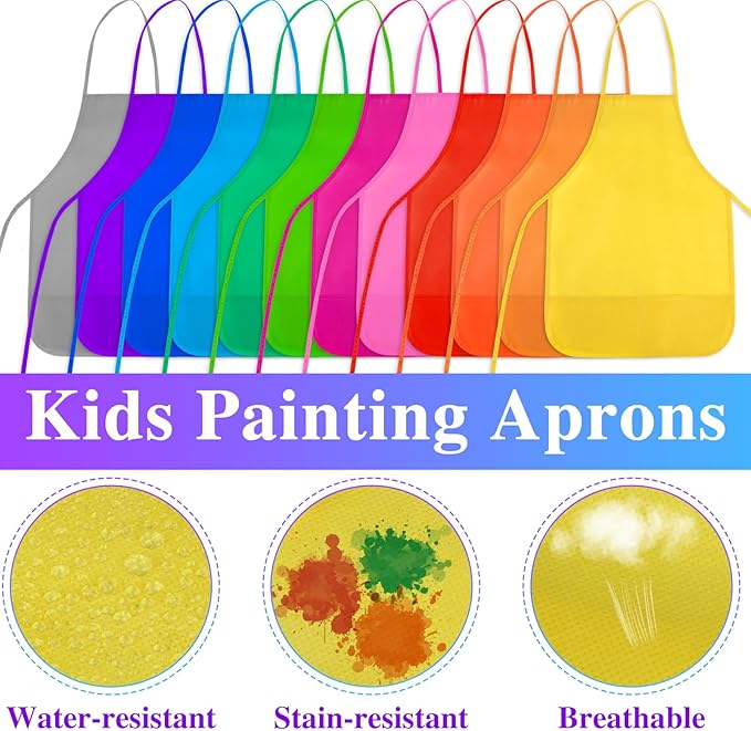 Kids Painting Aprons 24 Pieces 12 Colors Kid Art Apron with 2 Roomy Pockets Kids Aprons for Art Painting Activity Kitchen Crafts