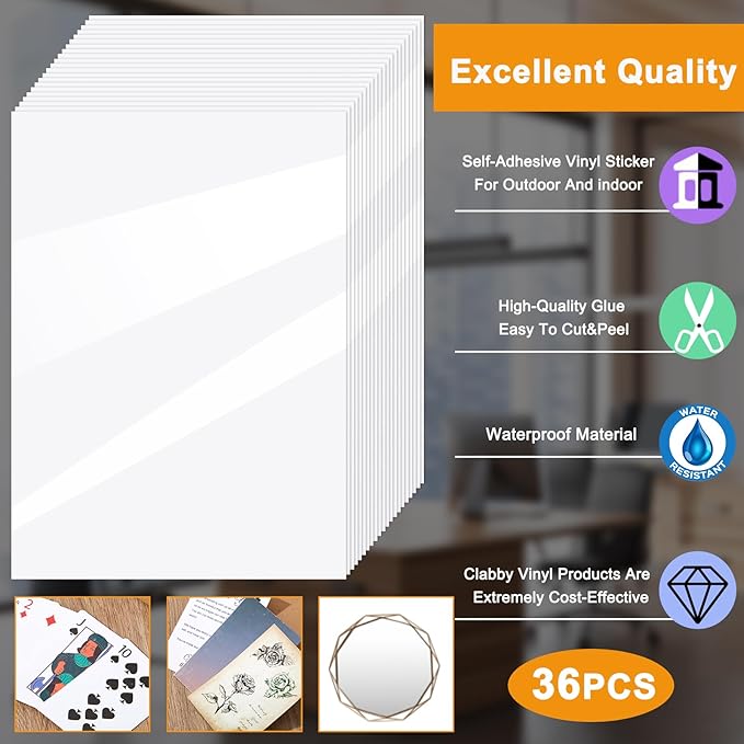 Clabby 36 Sheets Holographic Sticker Paper A4 Vinyl Sticker Paper Self Adhesive Waterproof Transparent Film, 11.7 x 8.3 inches(Clear)