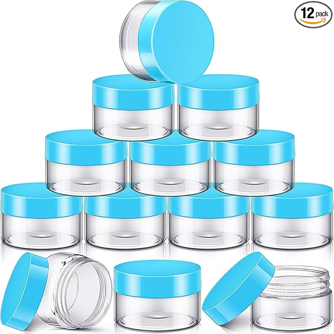 SATINIOR 12 Pack 10 oz Plastic Container Jars with Lids Round Clear Travel Cosmetic Container Slime Jars for Toiletries, Lotion, Cream, Ointments, Makeup, Rhinestone, Samples, Kitchen Storage(Blue)