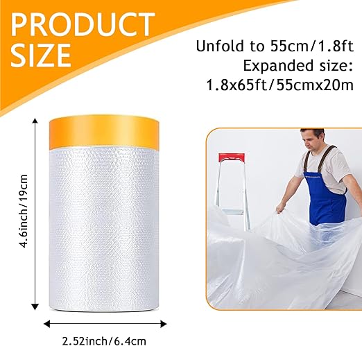 Painters Plastic with Tape 22" x 66',Pre-Taped Masking Film for Painting,Paint Protection Film with Built-in Tape, Drip-Free Painting for Cars,Walls, Floors, Furniture（2 Rolls）