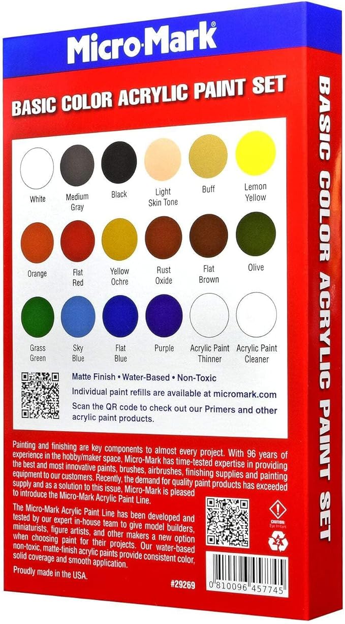 Micro-Mark Basic Color Model Paint Set – Versatile Acrylic Paints for Models, Miniatures, Crafters. Great for Figures, Crafts, Rock Painting, Canvas & More.