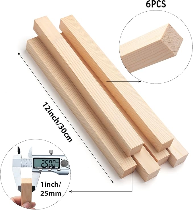 Square Wooden Dowel Rods, 6 PCS 1" x 12" Square Wood Dowel Rods Wooden Sticks for Crafts, Unfinished Hardwood Sticks Wood Strips for Woodworking, Crafting, Arts and DIYers, Home Decor, Model Making