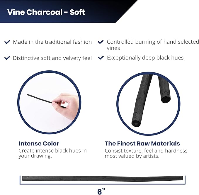 Pacific Arc Artist Vine Charcoal, Soft, Black 4 Charcoal Sticks for Drawing, Sketching, and Fine Art