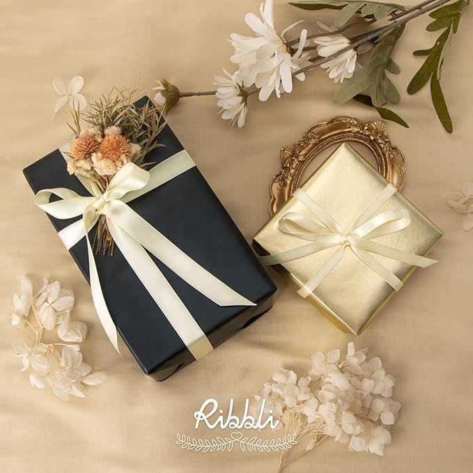 Ribbli Ivory Satin Ribbon Double Faced Satin 1/4 Inch x Continuous 100 Yards-Cream White Ribbon for Gift Wrapping Crafts Wedding Decoration Bows Bouquet Floral Arrangement