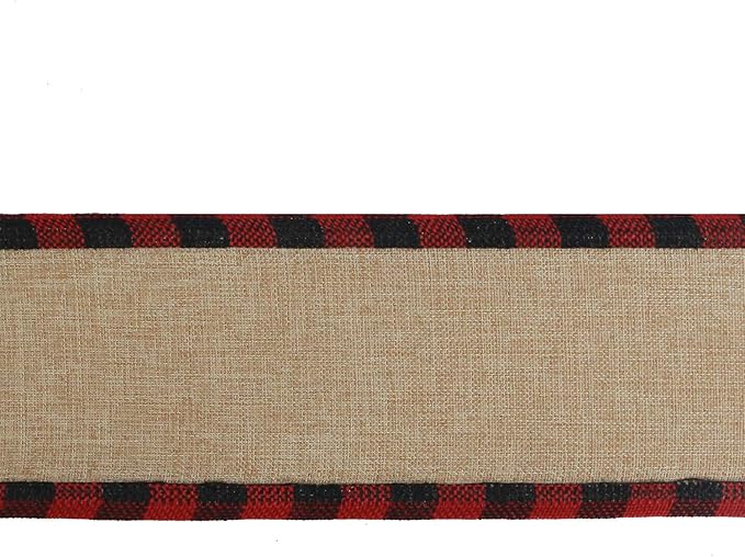 MEEDEE Burlap Christmas Ribbon Wired Burlap Ribbon 2.5 Inch 10 Yards Fall Burlap Ribbon with Red and Black Buffalo Check Edging Wired Plaid Burlap Ribbon for Christmas Tree, Wreath Making