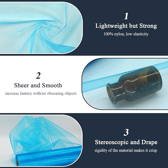 Organza Tulle Fabric Rolls, Crystal Organza 12" by 50 Yards (150 ft) Sheer Nylon Silky Shiny Netting Spool Bolt for DIY Craft Table Runner Wedding Baby Shower Party Decor (Turquoise)