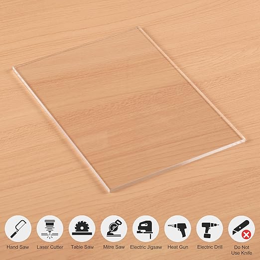 Clear Acrylic Sheet 8" x 12" Cast Plexiglass Panel 1/8" Thick (3mm) Transparent Plastic Board for Sign, Craft, Display Projects, Laser Cutting, Engraving, Pack of 2