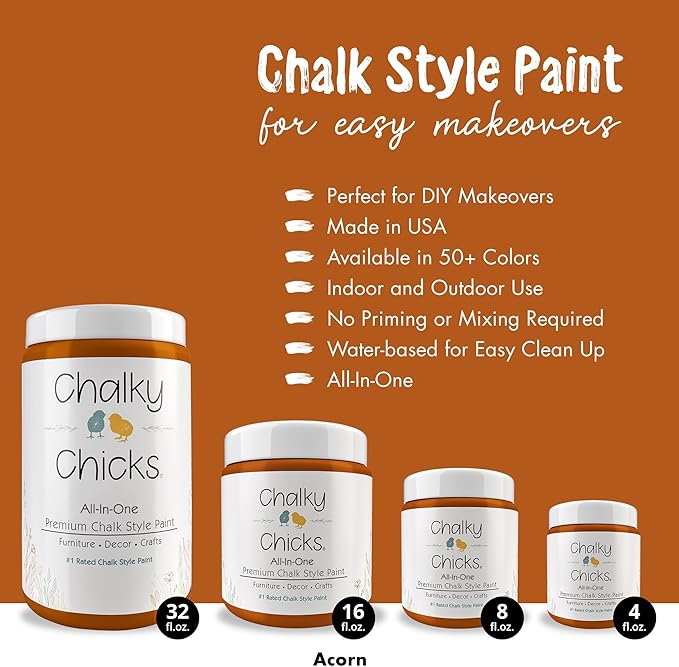 Chalky Chicks All-in-One Chalk Paint for Furniture or Cabinet - 16 Fl Oz - Matte Finish Acorn Orange for Metal, Wood Furniture Paint - No Sanding All-in-One for Home Decor & Crafts, USA Made
