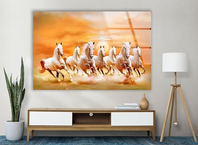 My Photostation.com 43Wx27H'' White Horses Running on Sunset Glass Wall ArtTempered Glass Printing Wall Decor Large Wall Art Wall Hangings