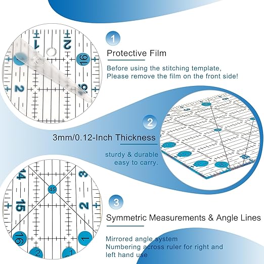 Quilting Ruler, Sewing Ruler, 8 Pack, Acrylic Quilting Templates(6"x17", 3"x17", 2"x16", 1.5"x12", 1"x12", 1"x6", 8"x3"), Non Slip Rings 25 Pieces, Sewing and Quilting Supplies - Clear/Blue