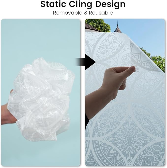 DKTIE Bohemian Decor Stained Glass Window Film with Installation Tools, Two-Way Window Privacy Film, Reduce Glare, Pure White, 35.4 x 78.7 Inch