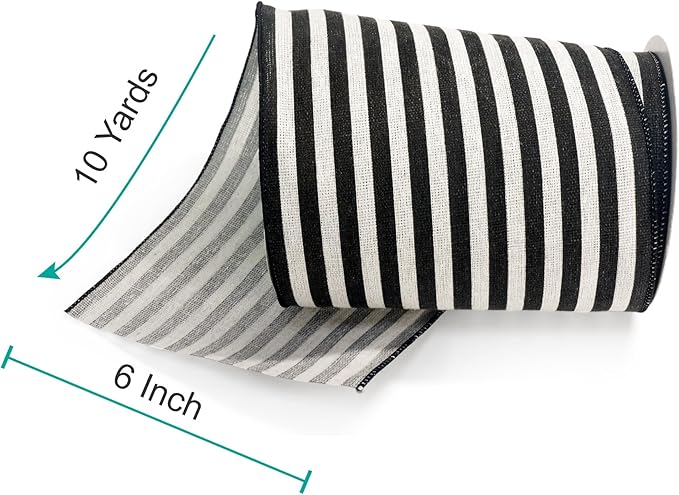 CT CRAFT LLC Striped Canvas Cotton Ribbon 6" x 10 Yards Ivory/Black Stripes for Thanksgiving Christmas Home Décor Gift Wrapping Outdoor Tree Topper Bow Wreath