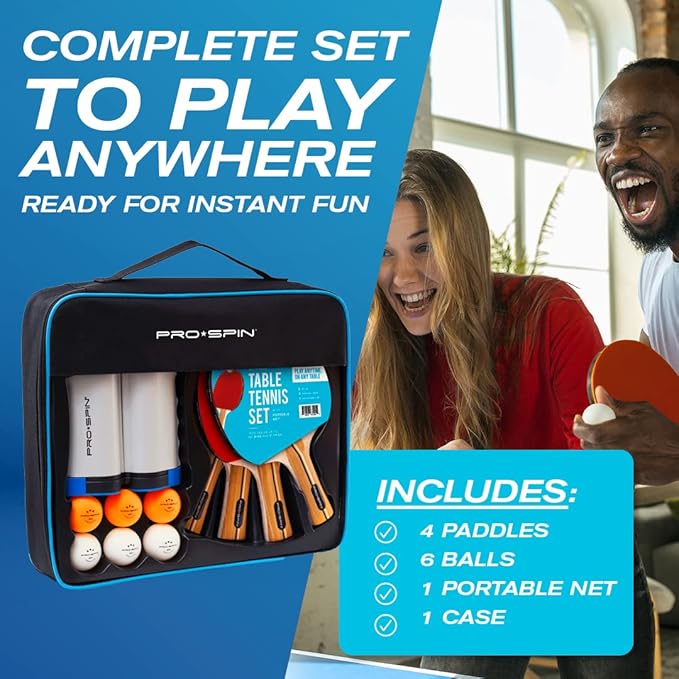 PRO SPIN All-in-One Ping Pong Set - Retractable Ping Pong Net for Any Table (72"), Ping Pong Paddles and Balls, Storage Case - Portable Table Tennis Family Games, Gifts for Boys & Girls
