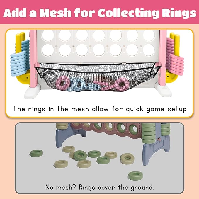 Giant 4 in a Row Connect Game with Mesh Fabric | Height Adjustable 4-in-1 Jumbo 4-to-Score Yard Game Set with Basketball, Golf & Ring Toss | Outdoor Indoor Family Party Game for Kids & Adults, Pink