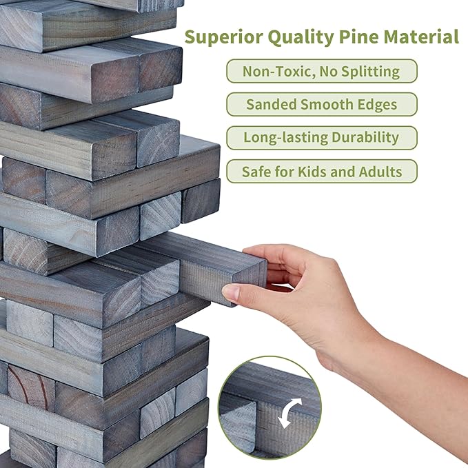 ApudArmis 54 PCS Tumble Timber Set Up to 3.2FT, Pine Wooden Tumble Tower Game with Dice and Scoreboard Set - Classic Block Stacking Board Game for Adults Teenagers (Gray)