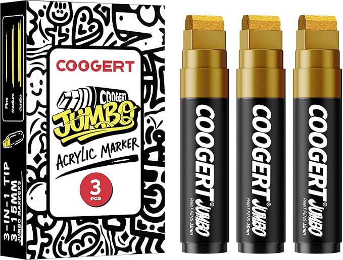 3Pcs Gold Jumbo Poster Markers, 15MM Thick Permanent Acrylic Graffiti Markers, Wide Tip Paint Marker for Canvas, Posters Board, Fabric, Window, Glass, Wood, Teachers,Banner painting supplies