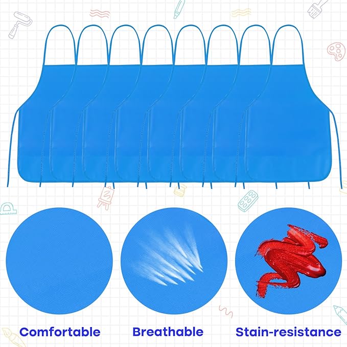 PLULON 30 Pcs Kids Apron Painting Aprons Kids Aprons for Painting Blue Art Smocks Bulk for Art Activity Craft Home Kitchen Classroom Party Supplies