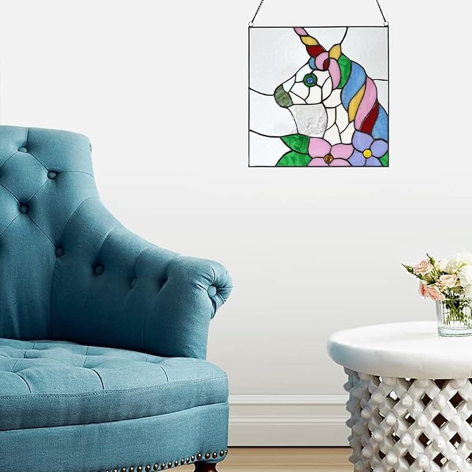 PA0003 Stained Glass Window Panel 12" Wx12 H Window Suncatcher Tiffany Style Window Hanging, Unicorn Home Hanging Decorations for Girls Kids Bedroom Birthday Party Decoration