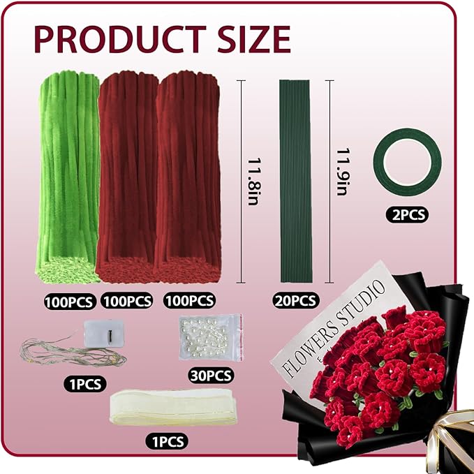LOLEDE 300Pcs Pipe Cleaners Craft Kit, 2 Colors Chenille Stems for DIY Artificial Flower Making with Floral Wires, Gardening Tape, LED String Lights, Pearl Beads & Ribbon (Rose)