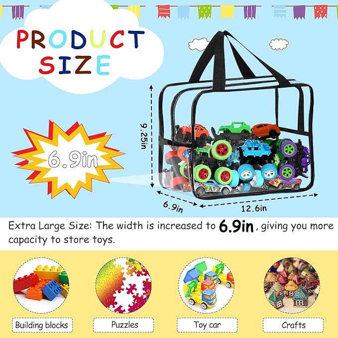 6 Packs Widen X-Large Toy Storage Bags 12.6×9.25×6.9In with Labels, Reusable Clear PVC Board Game Storage, Travel Waterproof Organizer Bags with Zipper for Building Blocks, Puzzle, Stuffed Animals