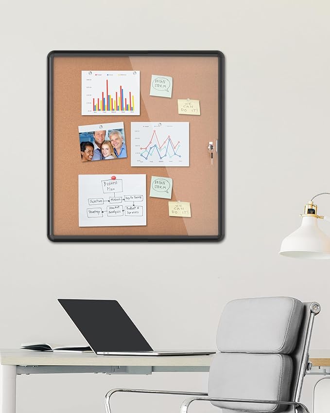 28"x26" Enclosed Bulletin Board, Lockable Weather-Resistant Aluminum Cork Noticeboard for School & Office, Black Frame w/Cork